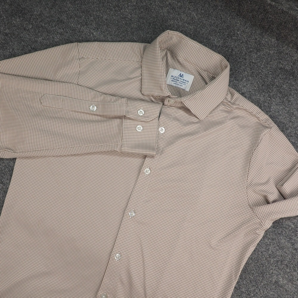 Mizzen+Main Dress Shirt Mens Medium Trim Fit Tan Gingham Performance Micro Check